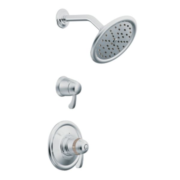 A chrome shower head and faucet on a white background