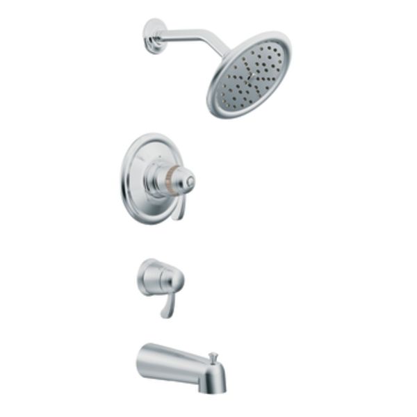 A shower head and bathtub faucet on a white background