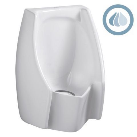 A white urinal with a drop of water on it.