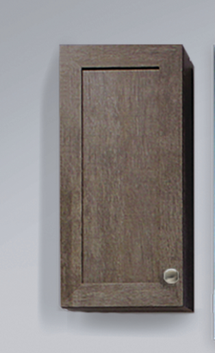 A wooden cabinet is hanging on a white wall.