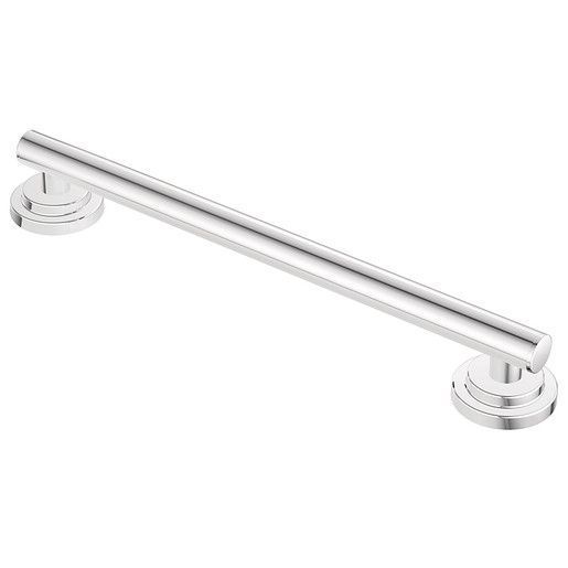 A stainless steel towel bar is shown on a white background.