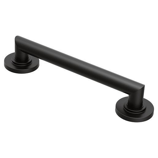 A black towel bar with a round base on a white background.