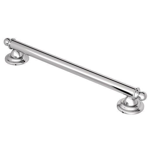 A chrome towel bar on a white background