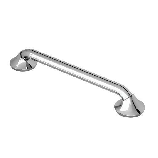 A stainless steel grab bar with a round base on a white background.