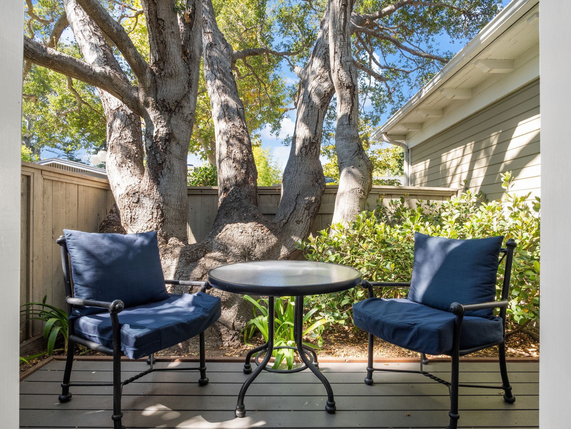 Two navy blue cushioned chairs face each other with a small, round black table on a wooden deck by a large, gnarled tree.