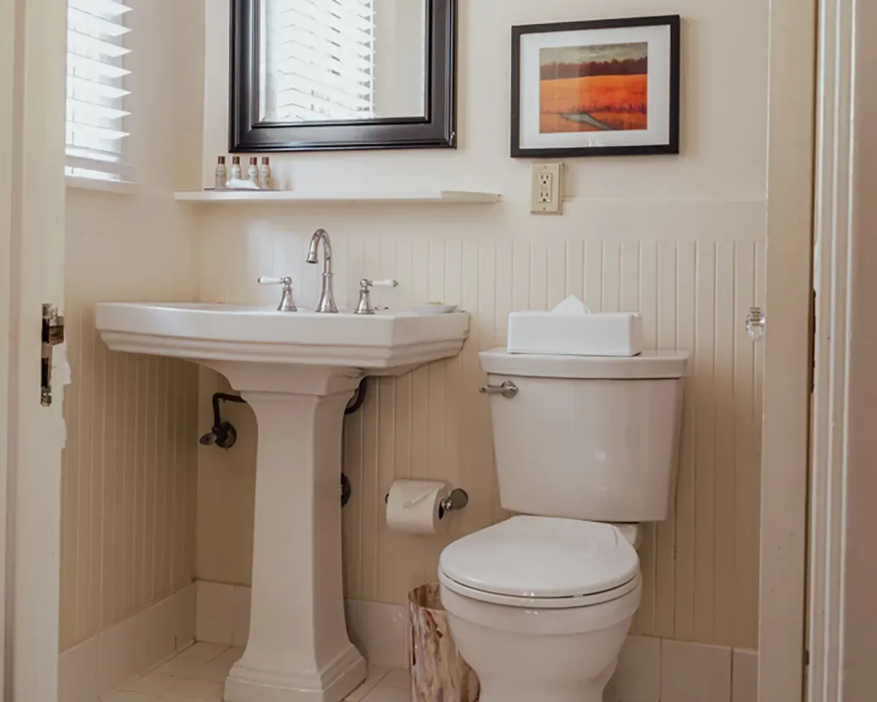 A small bathroom featuring a white pedestal sink, a toilet with a tissue box on top, a wall mirror, and framed art.