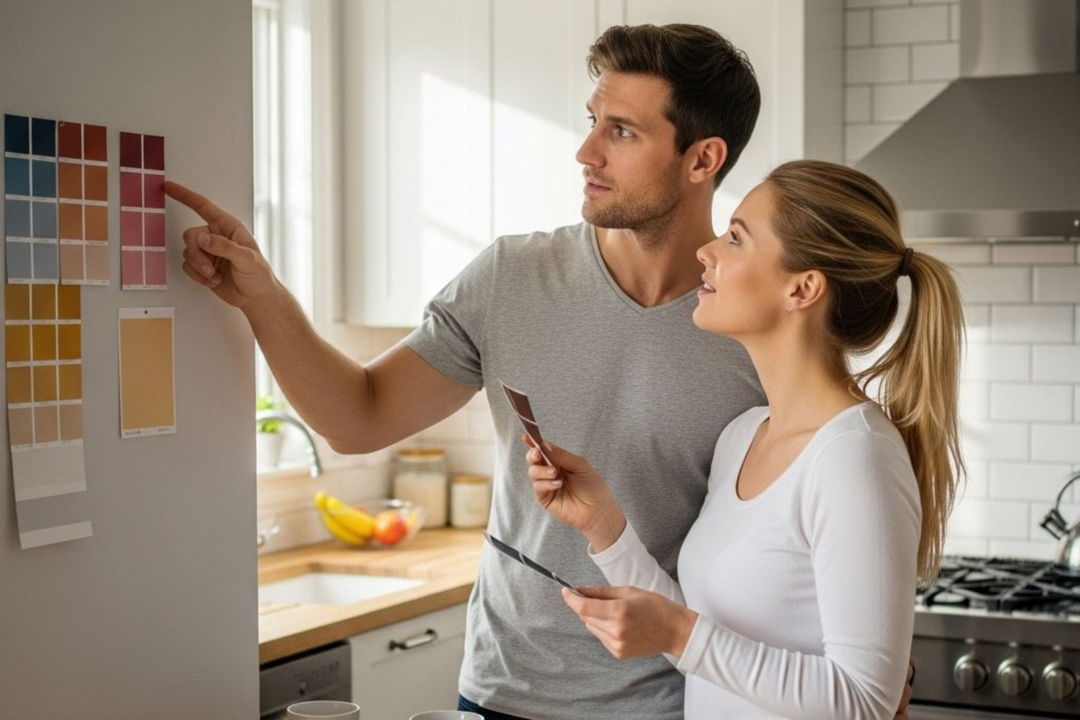 A man and a woman in a kitchen look at paint color swatches attached to a wall, discussing options for home renovation.
