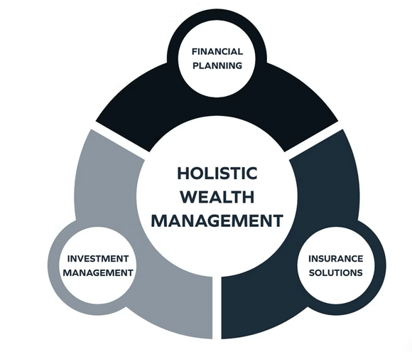Diagram of holistic wealth management with financial planning, investment management, and insurance solutions.