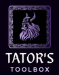 Purple Viking-style logo with ornate border and text “TATOR’S TOOLBOX” on a black background