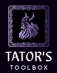 Purple Viking-style logo with ornate border and text “TATOR’S TOOLBOX” on a black background