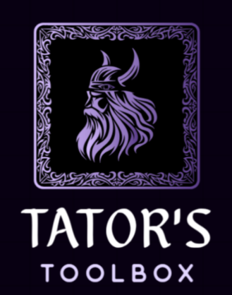 Purple Viking-style logo with ornate border and text “TATOR’S TOOLBOX” on a black background