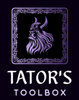 Purple Viking-style logo with ornate border and text &ldquo;TATOR&rsquo;S TOOLBOX&rdquo; on a black background