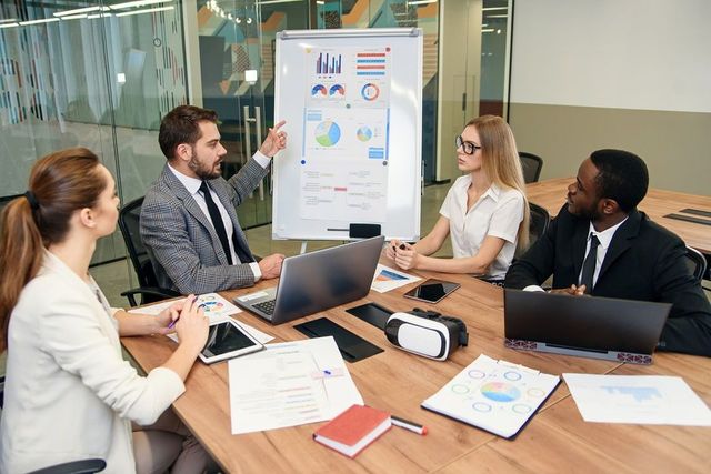 Business team in a glass-walled office meeting around a laptop and presentation chart