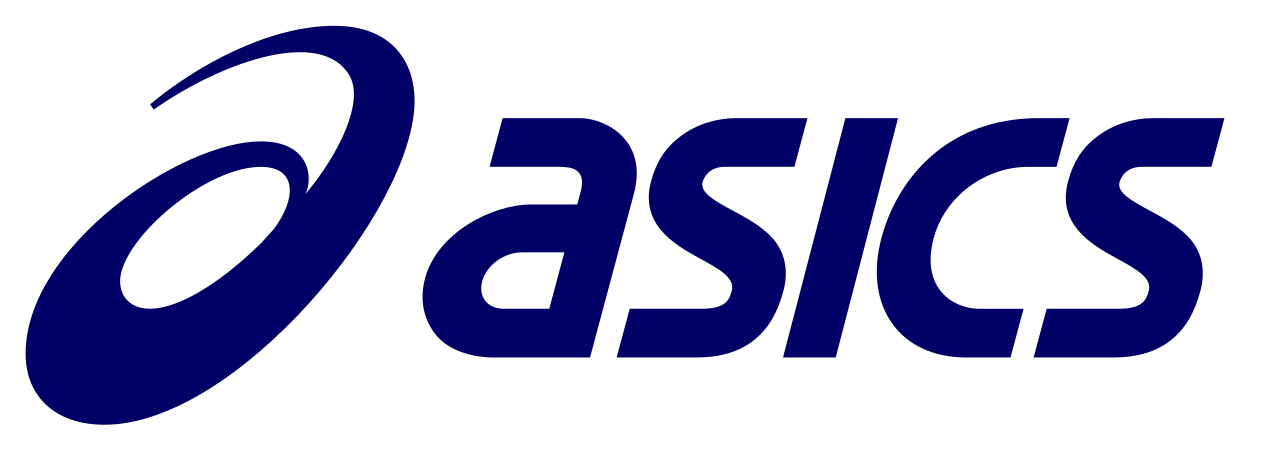 ASICS logo in blue italic lettering with oval emblem on a white background