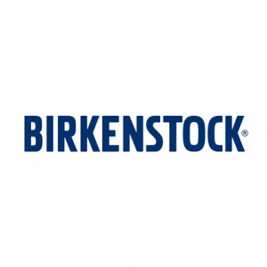 The birkenstock logo is blue and white on a white background.