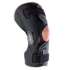 A close up of a black knee brace on a white background.