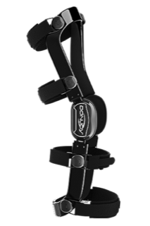 A black knee brace is shown on a white background