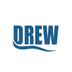 The drew logo is blue and has a wave on it.