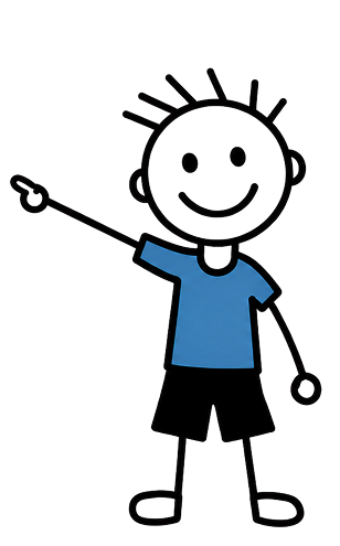 Cartoon child in blue shirt and black shorts, smiling and pointing left. | Groff's Automotive Co.