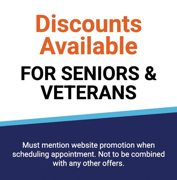 Orange and blue discount ad for senior and veteran service calls, with phone number 973-221-3190.