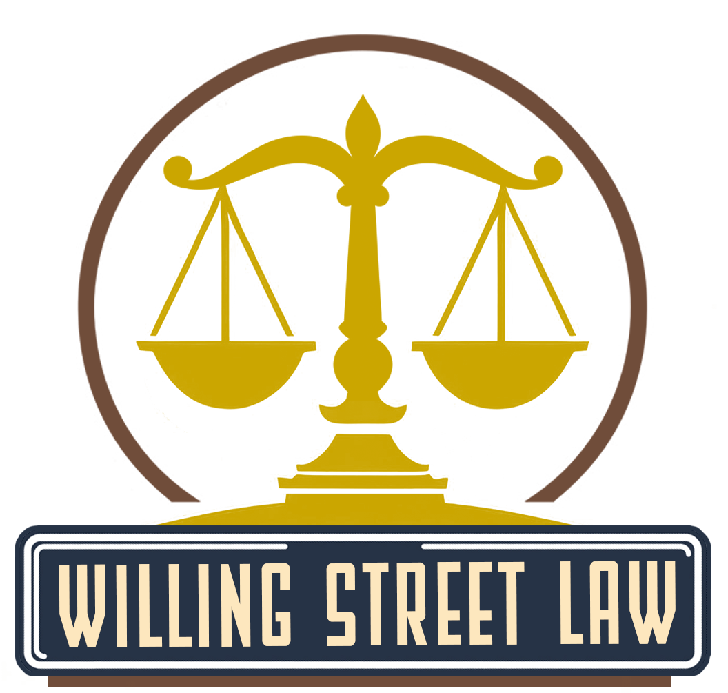 A logo for willing street law with a scale of justice