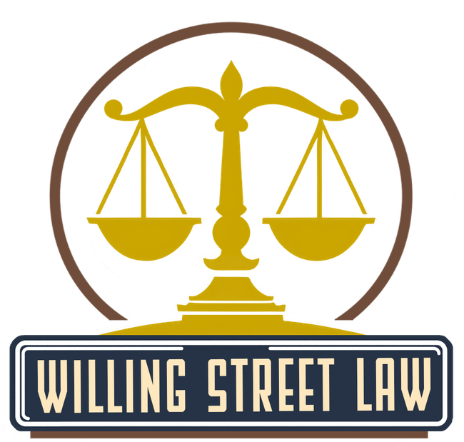 A logo for willing street law with a scale of justice