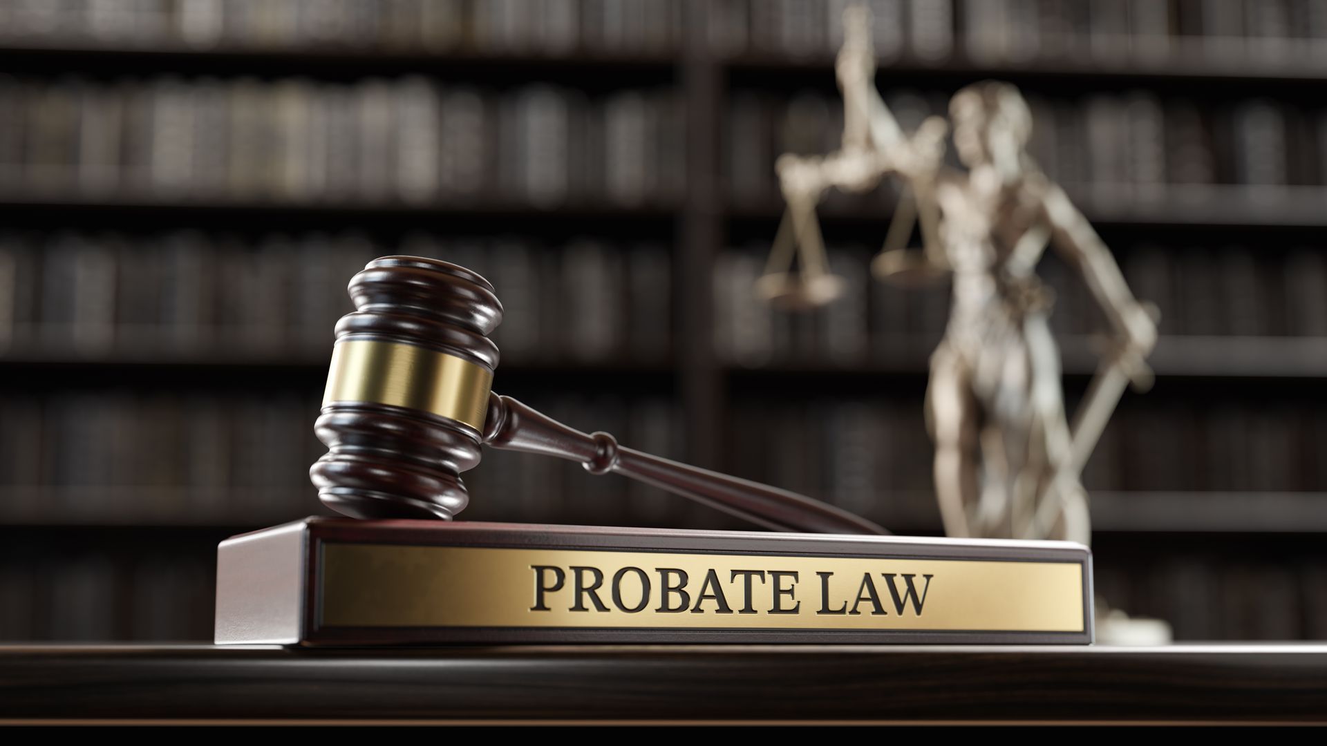 A judge 's gavel is sitting on top of a book titled probate law.