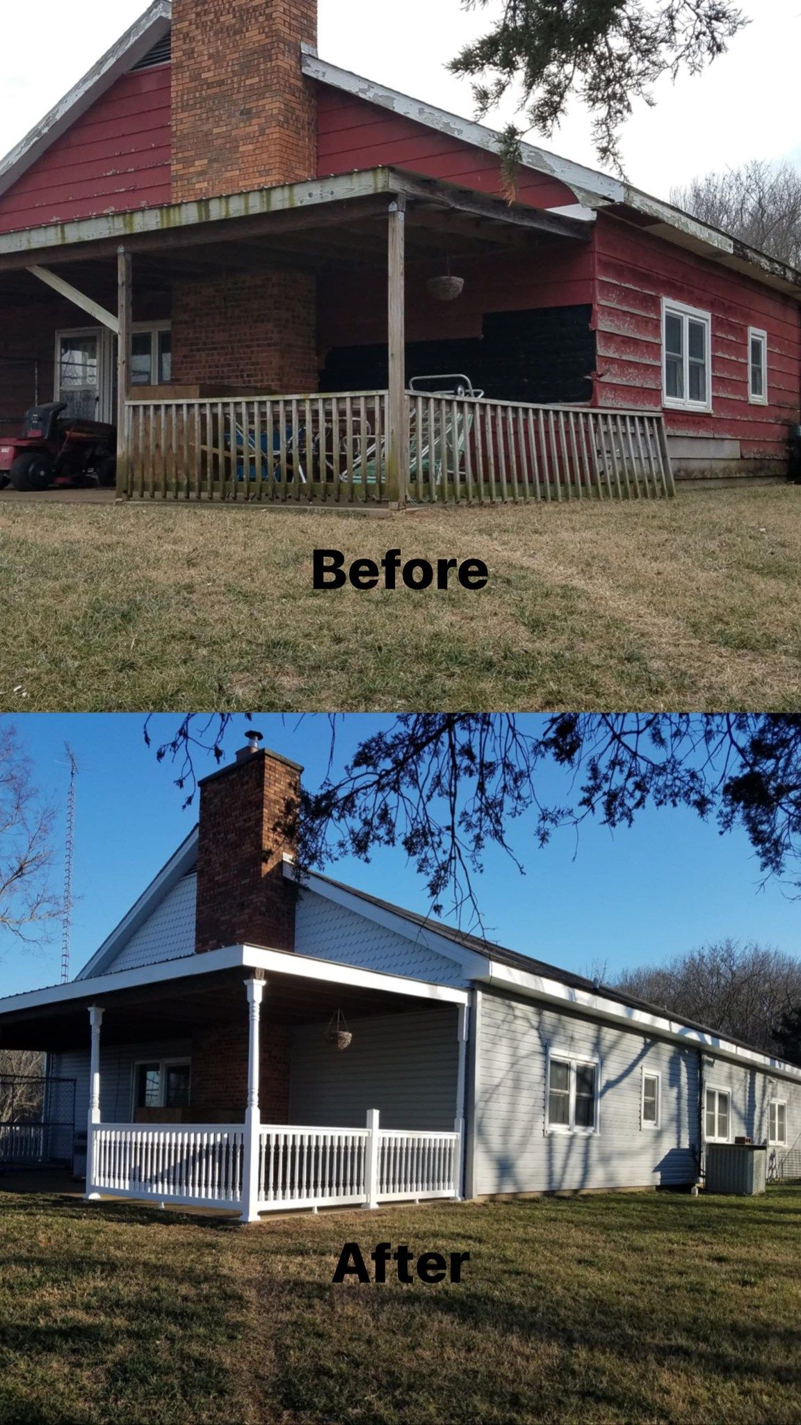 A split-screen comparison showing a house with red siding and a wooden porch before and after renovation with grey siding.