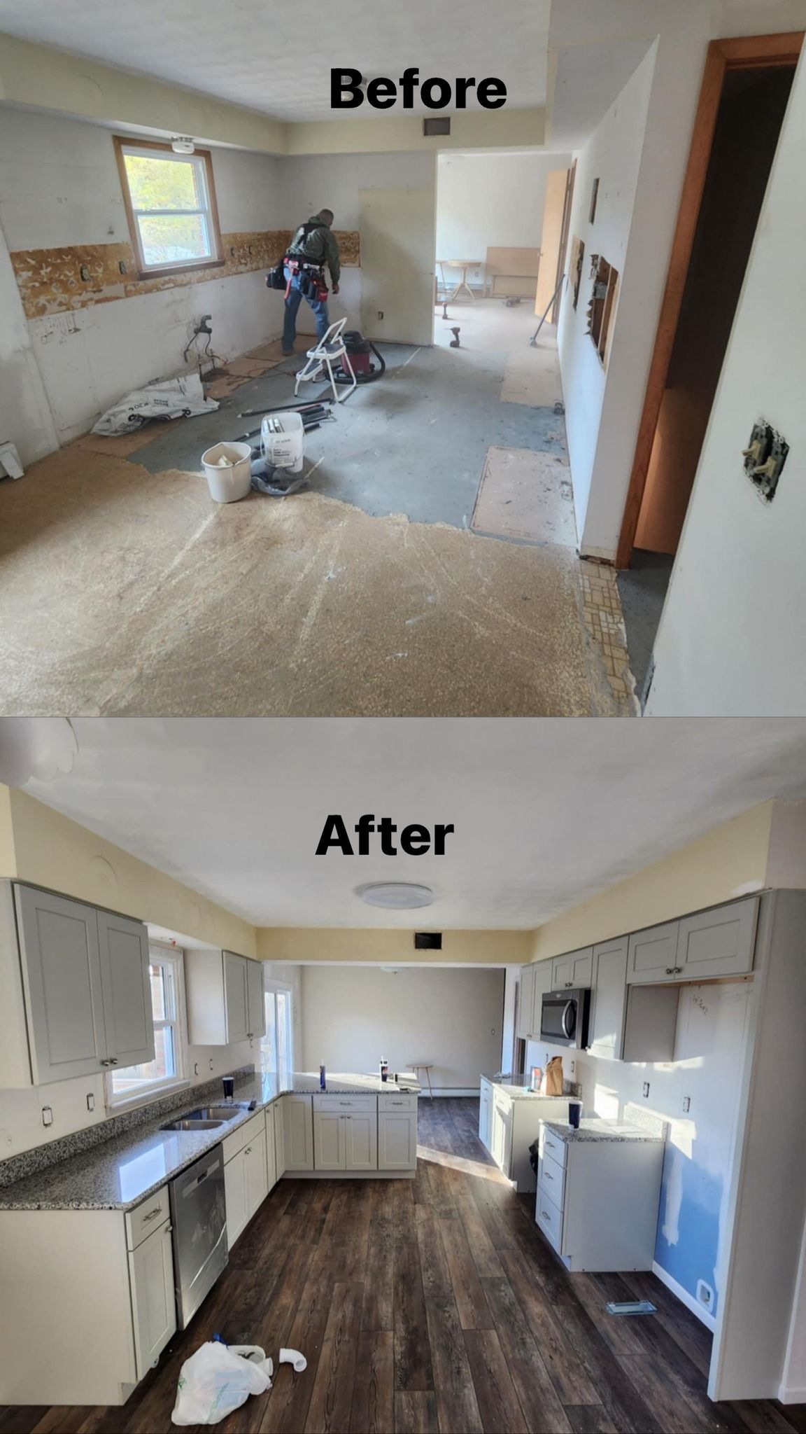 Before and after comparison of a kitchen remodel, showing the transition from an unfinished space to a finished kitchen.