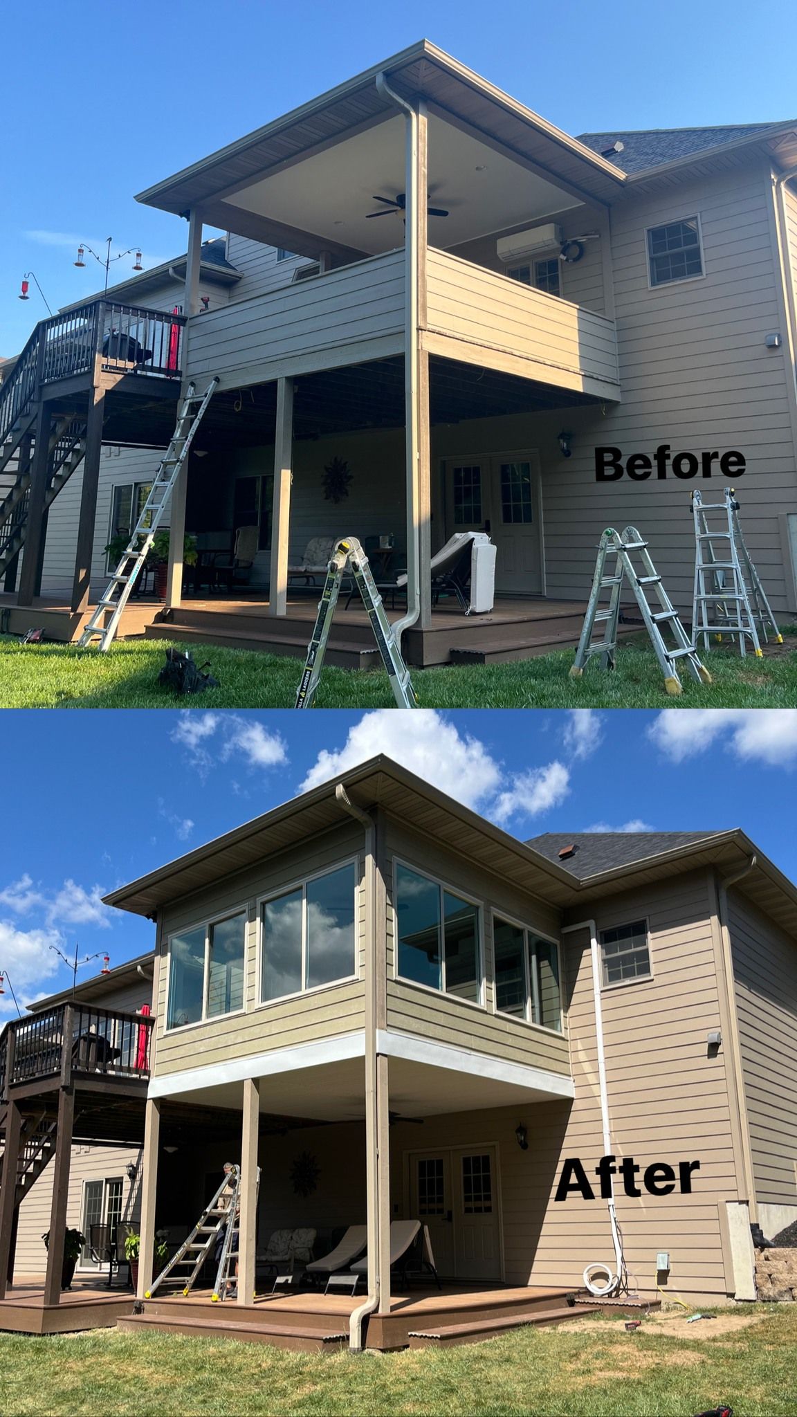 A before-and-after comparison of a house showing a deck converted into an enclosed sunroom.