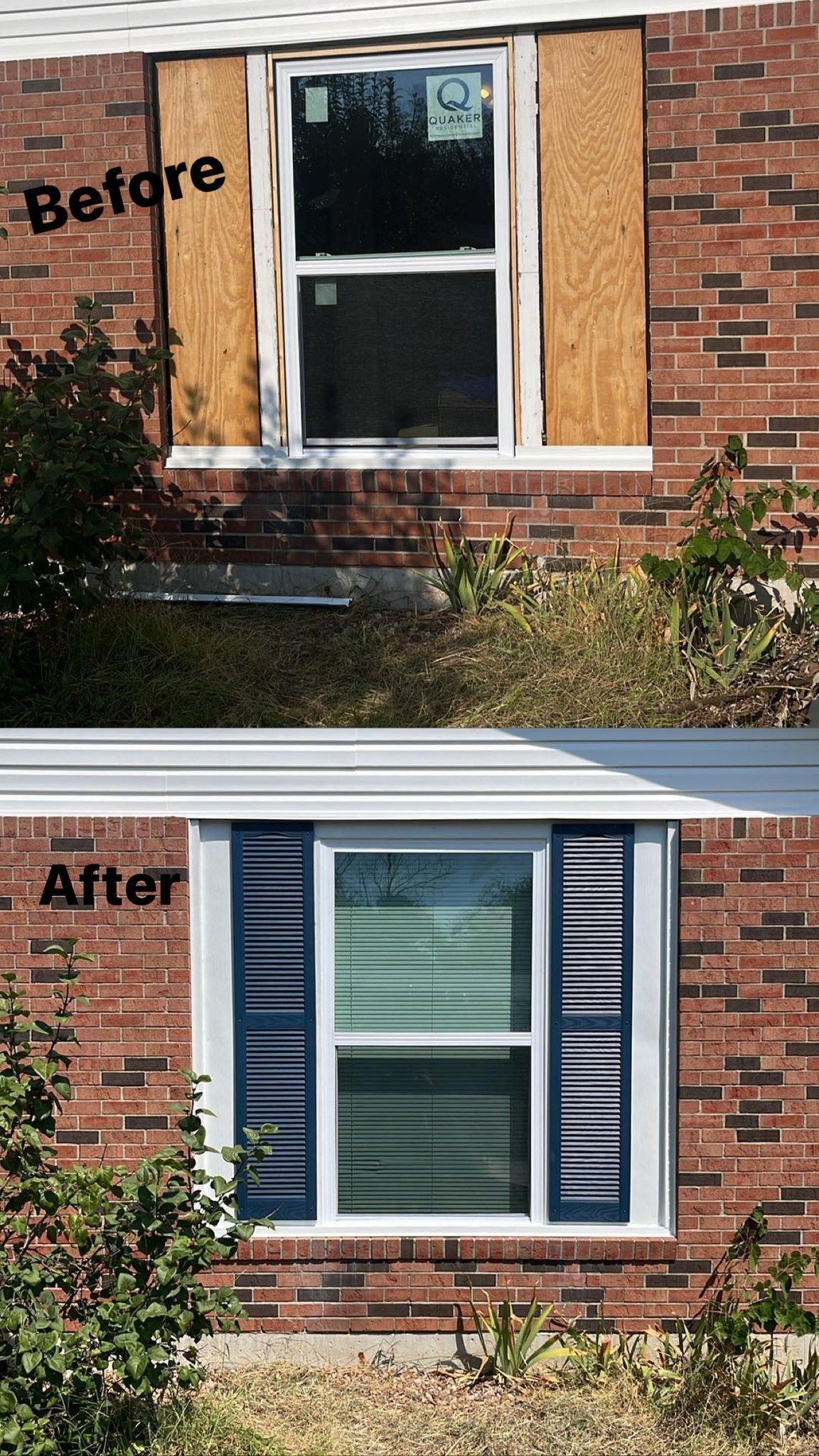 Before-and-after photos of a brick home exterior showing a window with plywood-covered sides replaced by new shutters.