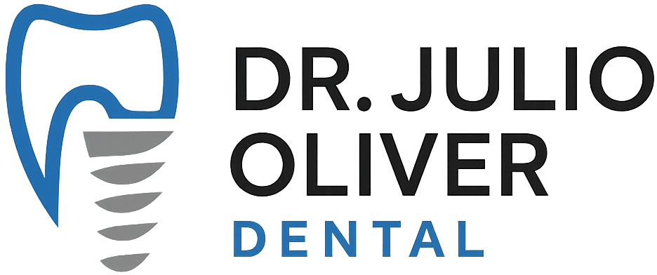 Logo of Dr. Julio Oliver Dental. Blue and gray tooth illustration with name in black and 