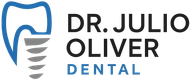 Logo of Dr. Julio Oliver Dental. Blue and gray tooth illustration with name in black and 