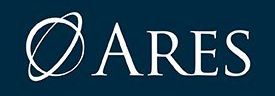 Logo of ARES, white letters, and an abstract design on a dark blue background.