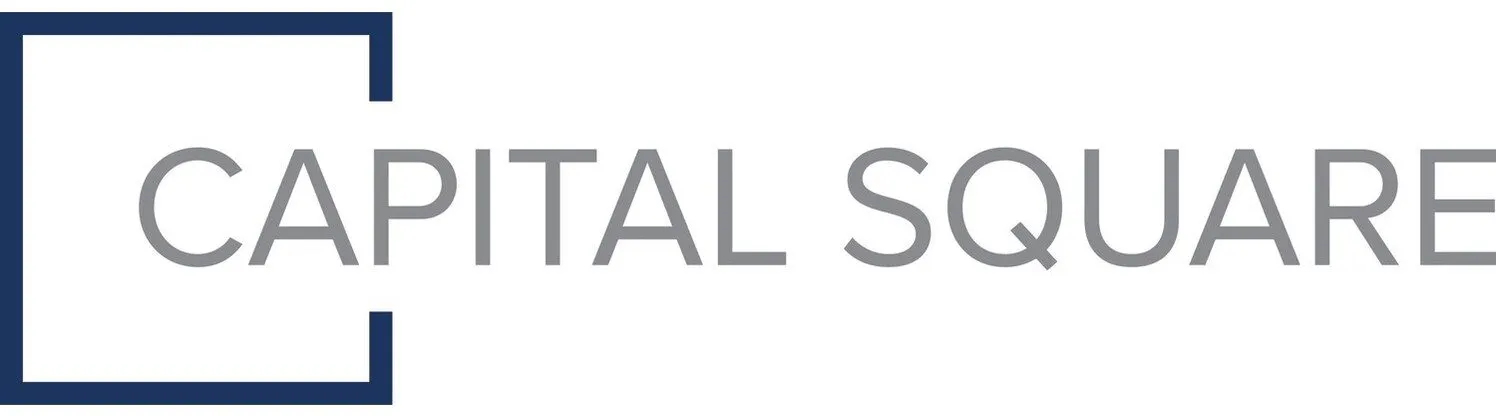 Logo of Capital Square with a dark blue square frame around the words
