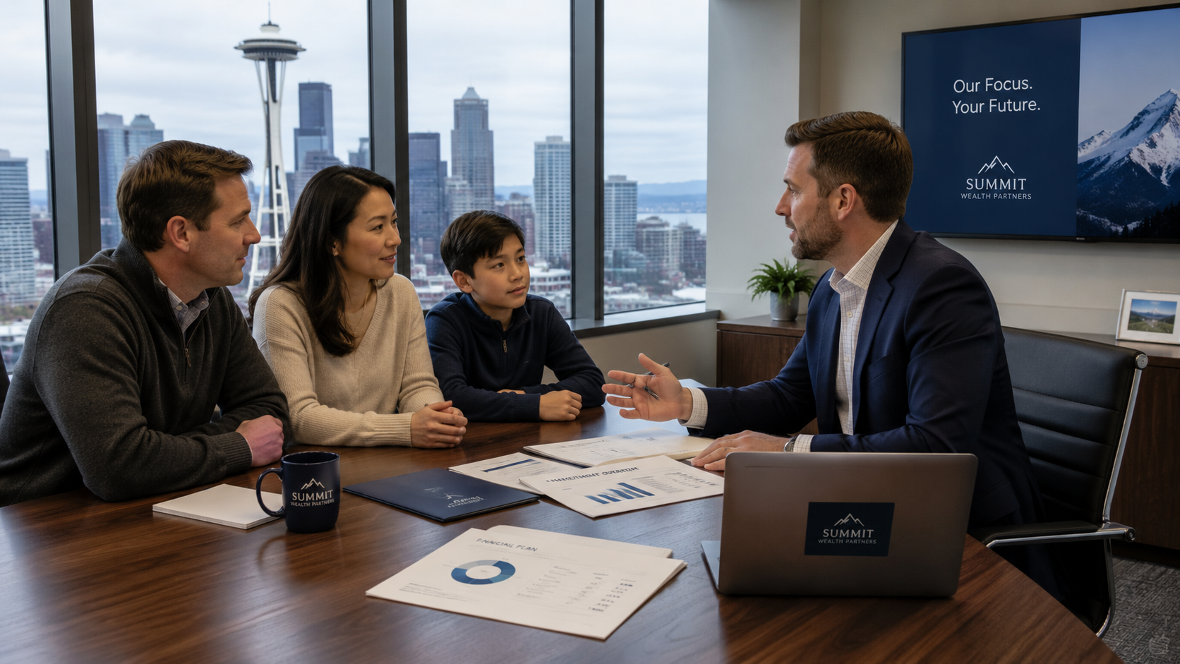 family discussing trust setup Washington with financial advisor in Seattle