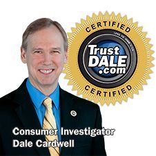Portrait of Consumer Investigator Dale Cardwell beside a gold Certified TrustDale.com badge