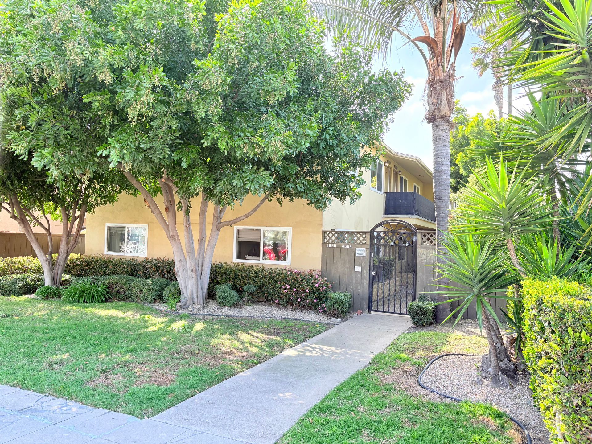 A house with a walkway leading to it and trees in front of it.