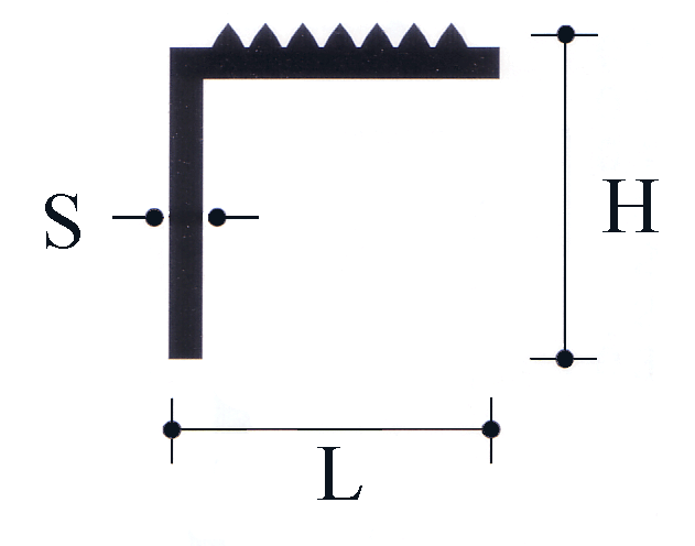 Un disegno di un pezzo di metallo con misure s, h, l e l.