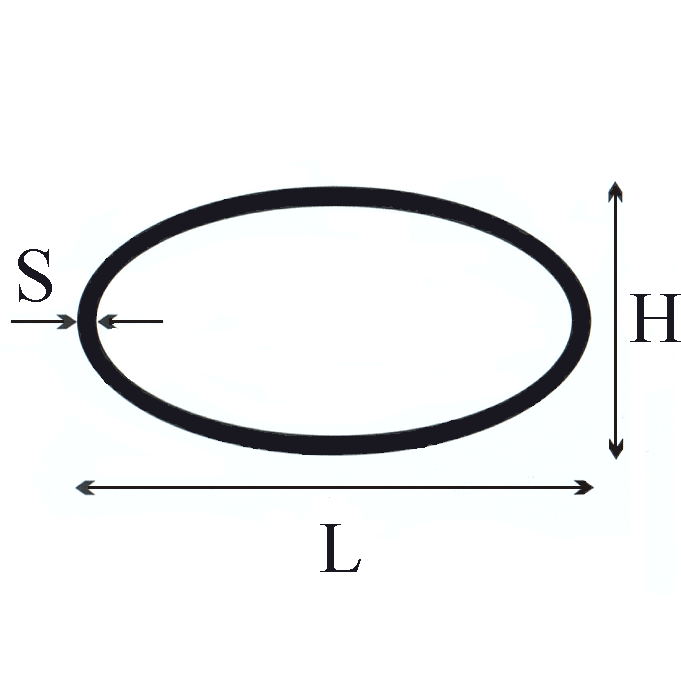 Un disegno in bianco e nero di un ovale con le misure.