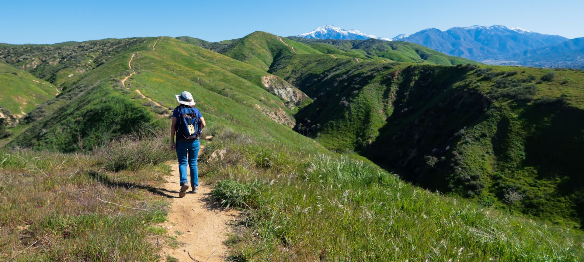 Hiker on a dirt trail overlooking green hills and mountains under a clear blue sky