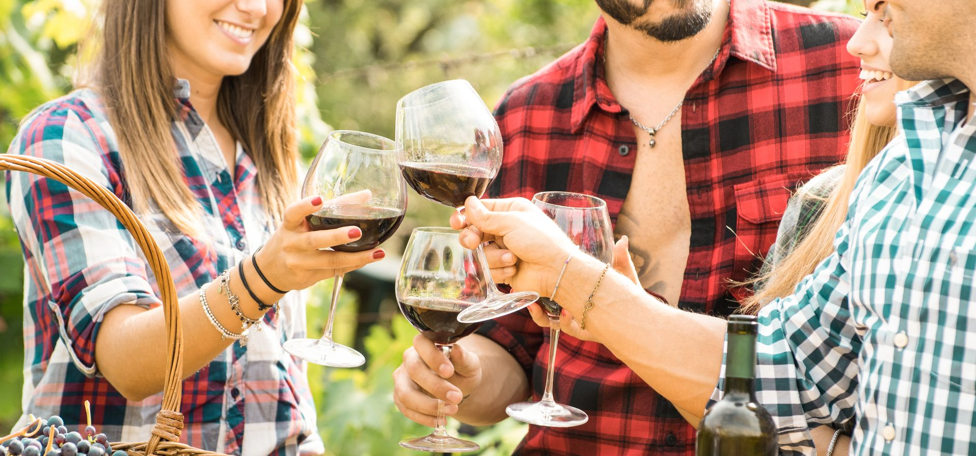 Friends in plaid shirts toast with glasses of red wine during an outdoor gathering.