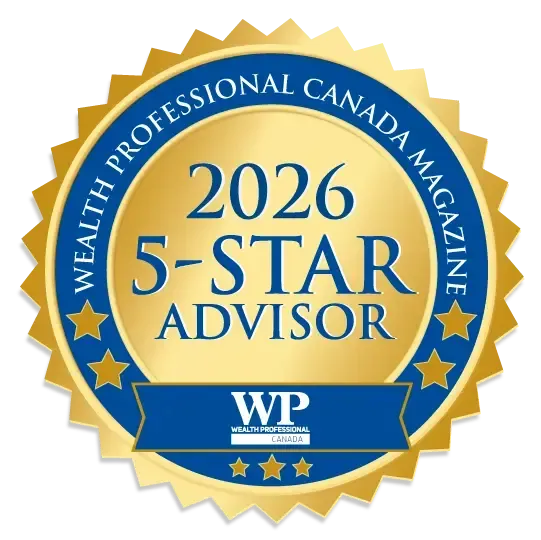 Gold and blue 2026 Wealth Professional Canada Magazine 5-Star Advisor award badge with WP logo