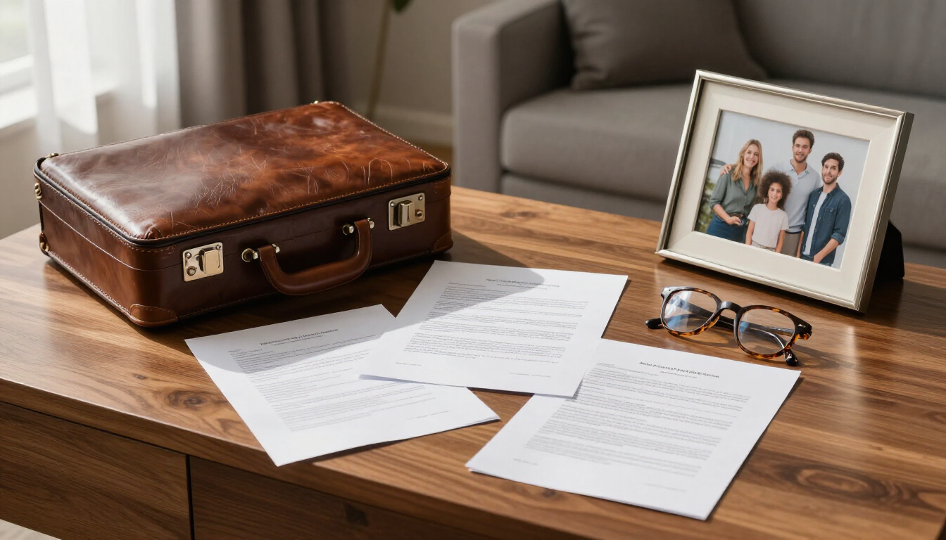 Leather briefcase, scattered papers, eyeglasses, and a framed family photo on a wooden table in a living room.