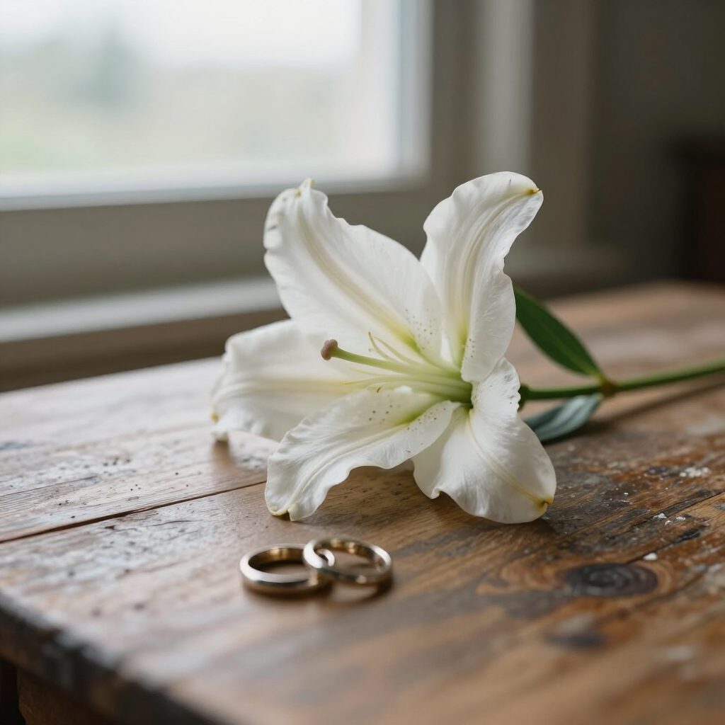 White lily and two gold wedding rings on a wooden table by a window