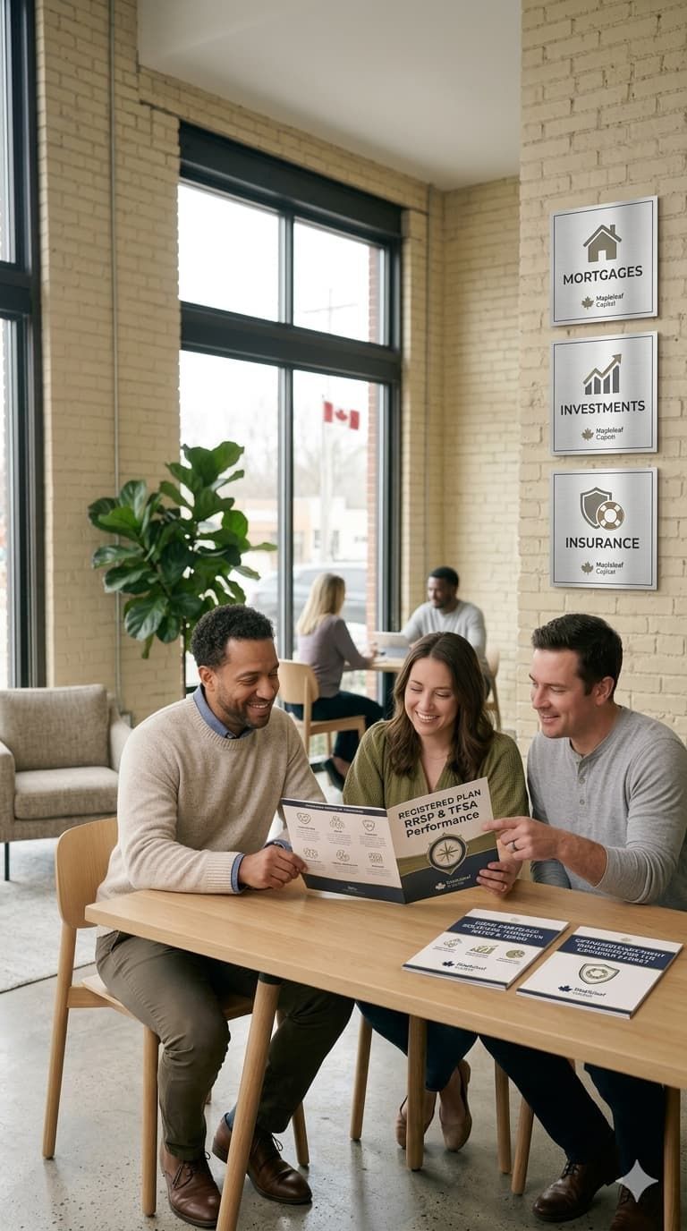 Three coworkers read a magazine together at a wooden table in a bright cafe-like office.