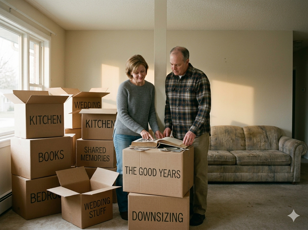 Couple packing boxes in a sunlit living room, one labeled “The Good Years” and “Downsizing.”