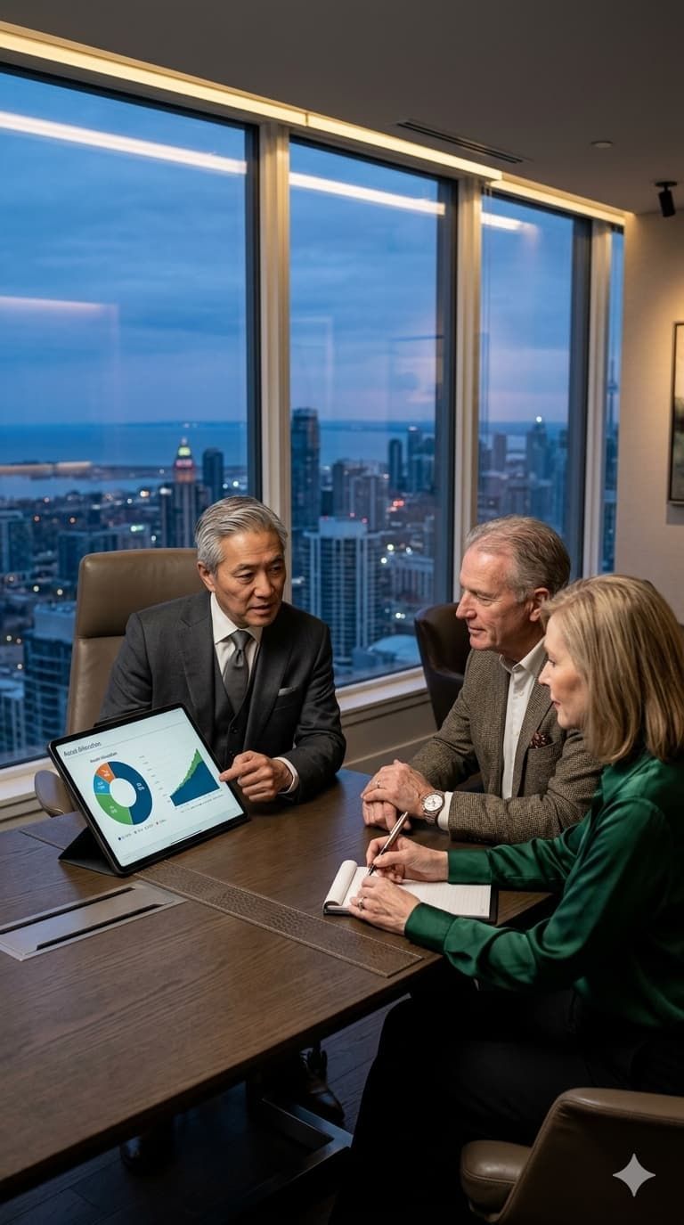 Three businesspeople in a conference room reviewing a chart on a laptop with a city skyline at dusk.