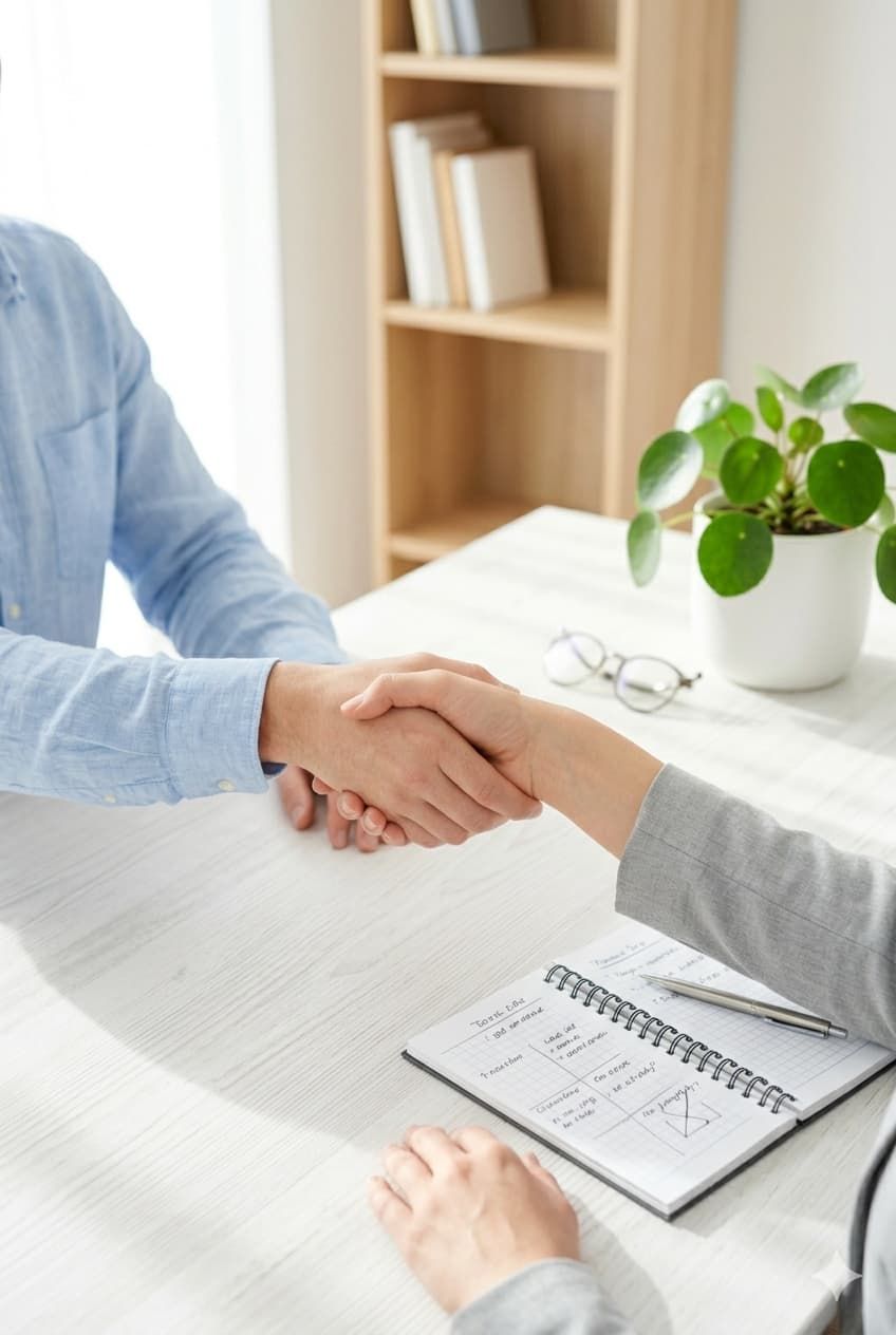 Handshake at a desk in a bright office, with a notebook, glasses, and potted plant nearby