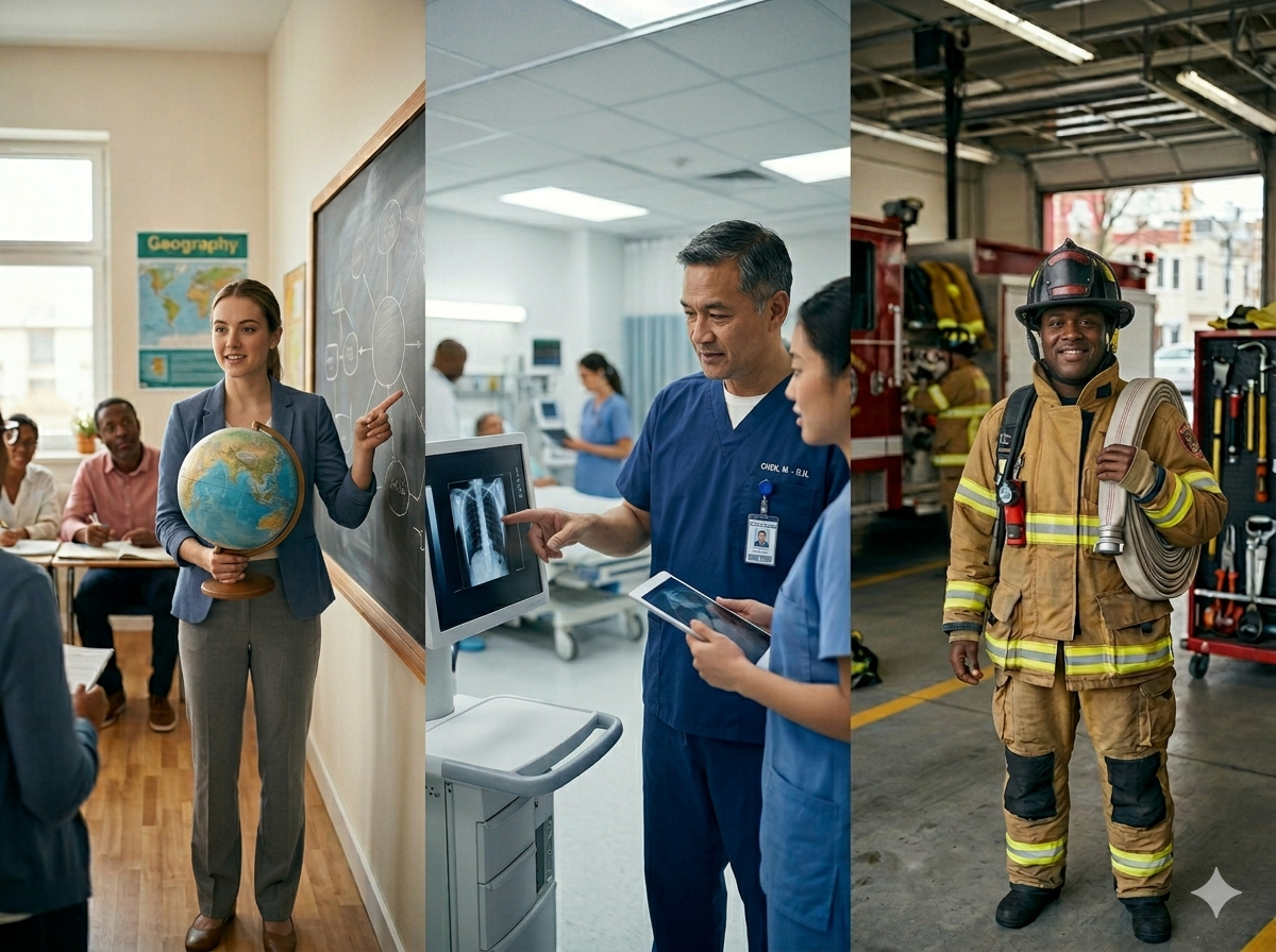 Three scenes: teacher with globe in classroom, worker at computer, firefighter in gear outdoors
